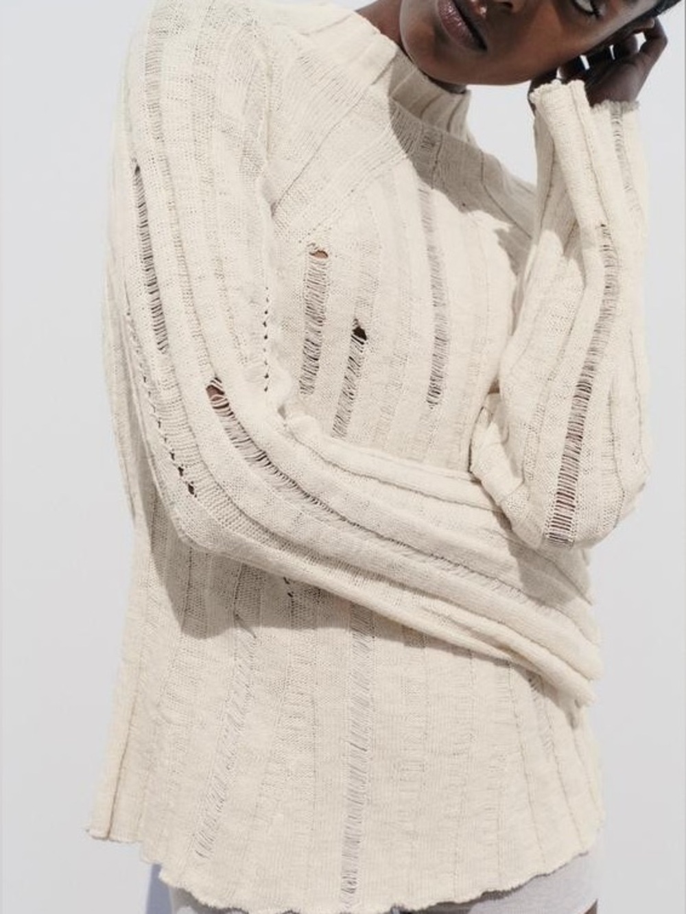 ZARA Ecru Off-White Ribbed Knit Sweater